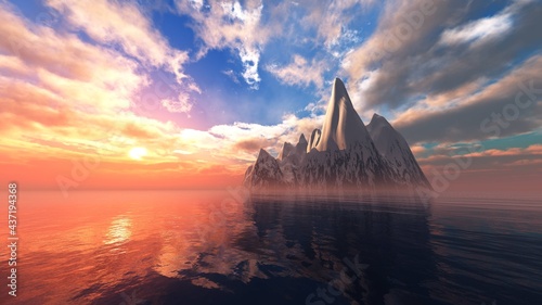 Sea sunset near the rocky island, snow island noah sunset, 3D rendering © ustas