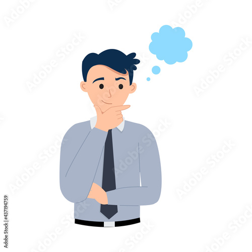 Business man holding up his chin and thinking of an idea with confident smile. Flat vector cartoon style