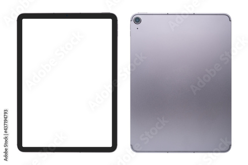 collection blank screen of new model tablet front view and back view isolated on white background