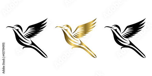 Flying hummingbird three color black gold silver line art Vector illustration on a white background Suitable for making logo