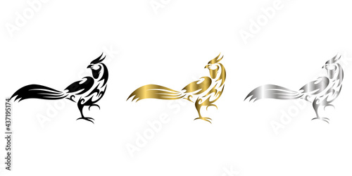 three color black gold silver Line art vector illustration of pheasant that is walking © Sakarapap
