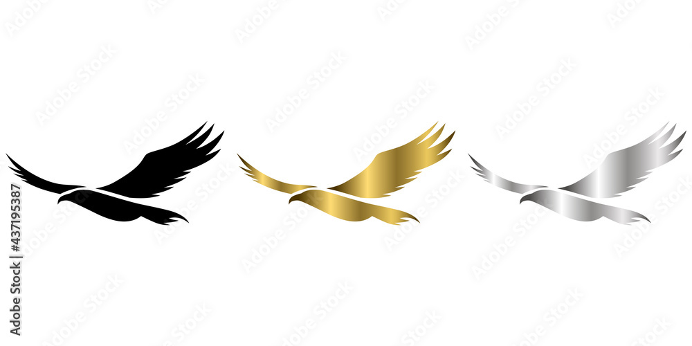 Obraz premium three color black gold silver vector logo of eagle that is flying