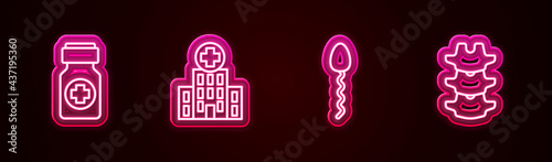 Set line Medicine bottle and pills, Medical hospital building, Sperm and Human spine. Glowing neon icon. Vector