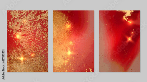Set of marble patterns. Red, gray and gold geode textures with glitter. Abstract vector background in alcohol ink technique. Modern paint with sparkles. Backdrops for banner, poster. Fluid art