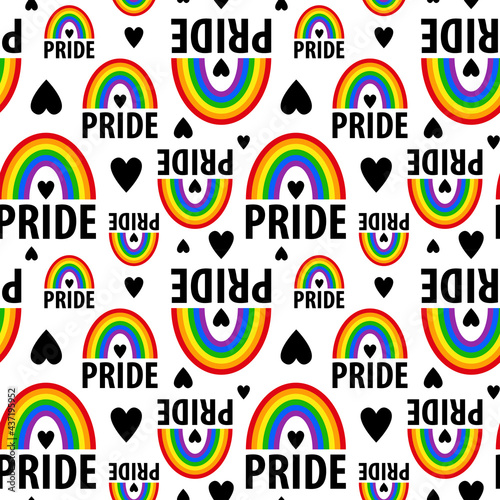 Pride. Seamless vector pattern on a white background. Backdrop with black hearts, color rainbows and black inscriptions "pride". LGBT Day. June-Pride Month. Valentine's day. Lesbian, gay, transgender.