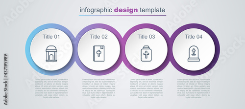Set line Old crypt, Holy bible book, Funeral urn and Grave with tombstone. Business infographic template. Vector