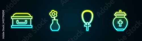 Set line Coffin with cross, Flower vase, Christian on chain and Funeral urn. Glowing neon icon. Vector