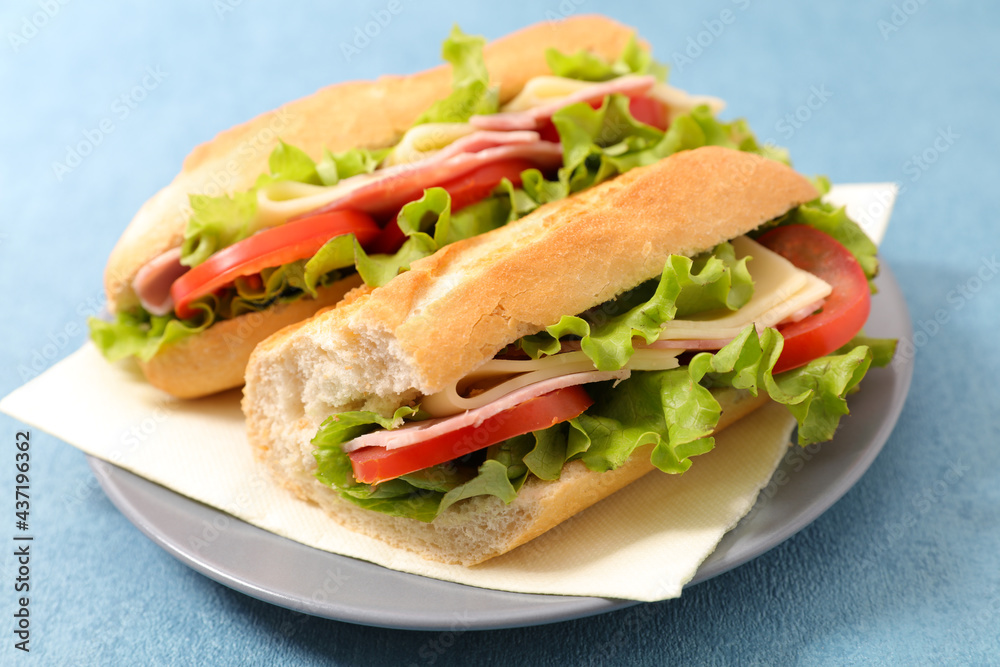 sandwich-baguette with ham, cheese and tomato sandwich-baguette with ham, cheese and tomato