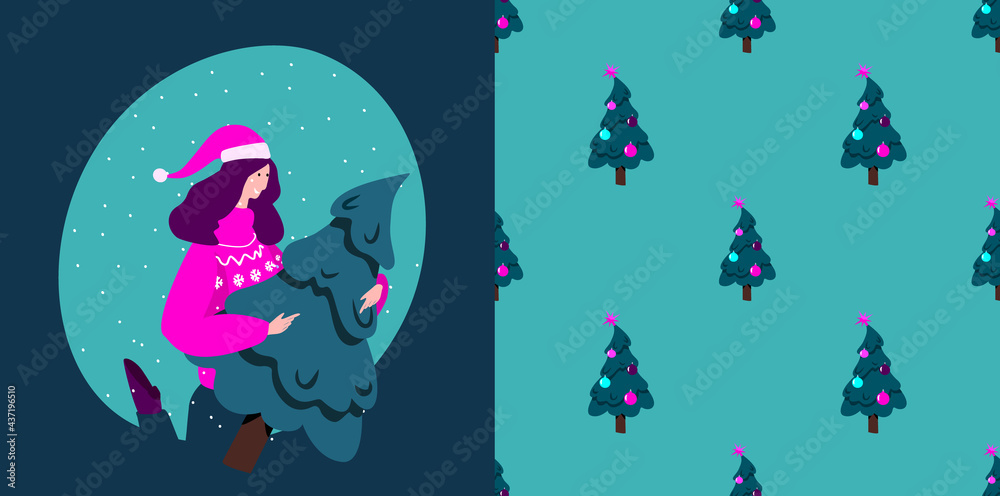 Naklejka premium Merry Christmas and Happy New Year Winter Holidays.Festive Endless Pattern.Decorated Christmas Fir Tree Wrapping Paper. Smiling Girl.Fairy Snowing Congratulative Card. Cartoon Flat Vector Illustration