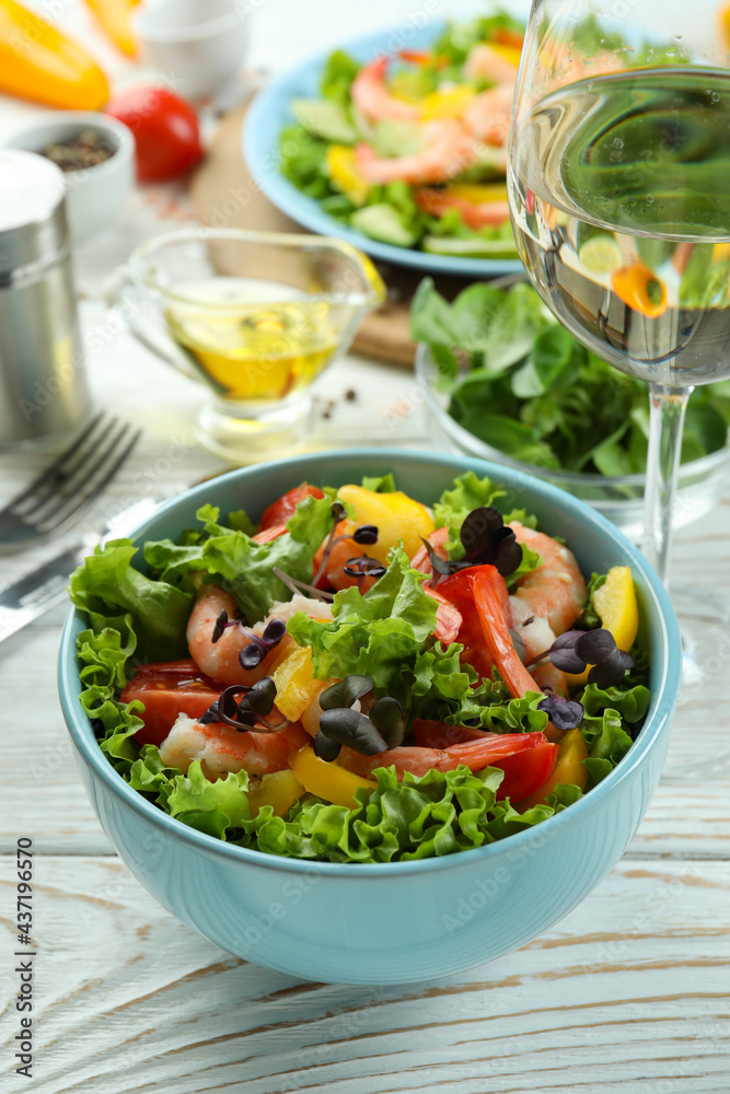 Concept of tasty eating with shrimp salad, close up Concept of tasty eating with shrimp salad, close up