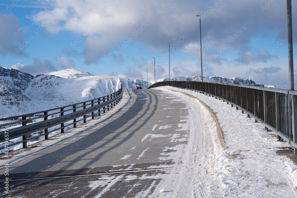 Beautiful landscape from The Fredvang bridges in winter season, Lofoten islands, Norway