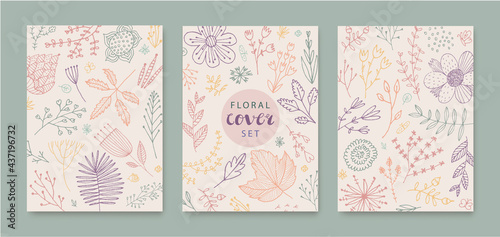 Set of vector abstract creative universal artistic templates - doodle hand drawn flowers, leaves. Use for poster, card, invitation, flyer, cover, banner, placard, brochure, graphic design.