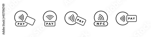Tap to pay with credit card. Set of NFC wireless payment linear icons. Smart NFC technology for fast payment. Vector illustration