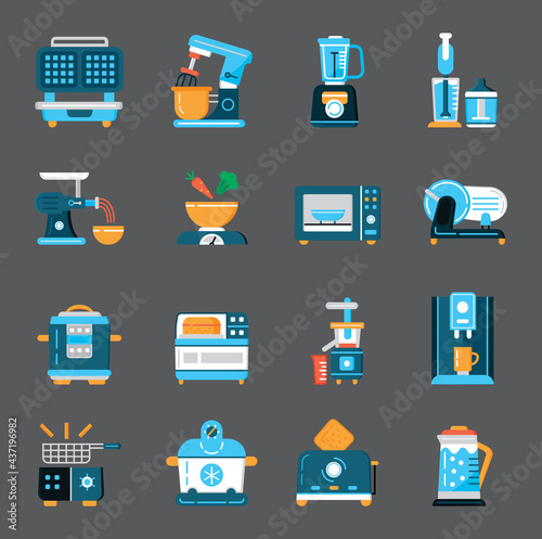 Kitchen small appliances icons flat set vector. Household tools symbol for app, web.
