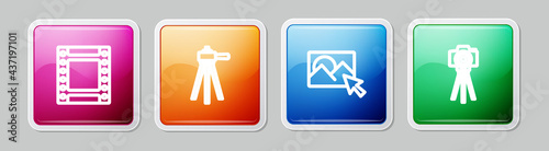 Set line Camera roll cartridge, Tripod, Photo retouching and camera. Colorful square button. Vector