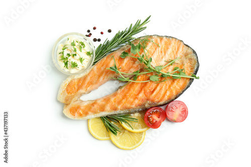 Tasty grilled salmon isolated on white background