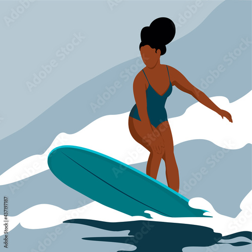 Girl in swimwear chilling on surf in sea. Woman is on surfboard in ocean wave. Vacation concept. Extreme sports. Sportive woman surfing enjoy riding