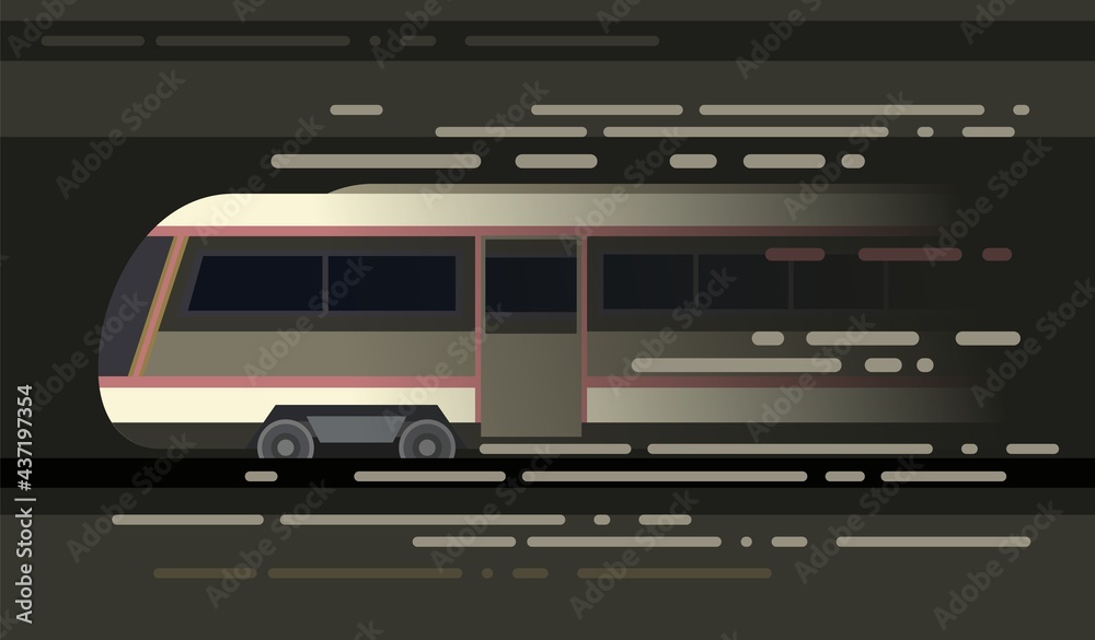 High-speed train Suburban and urban underground transport. Symbolic image. Railway with a locomotive. Metro. Dark illustration. Flat style design. Vector