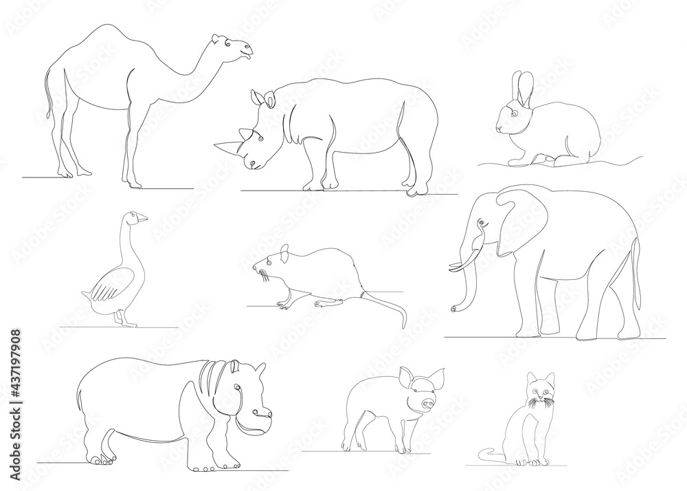 one line drawing animals set isolated, vector