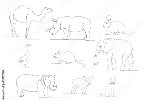 one line drawing animals set isolated, vector