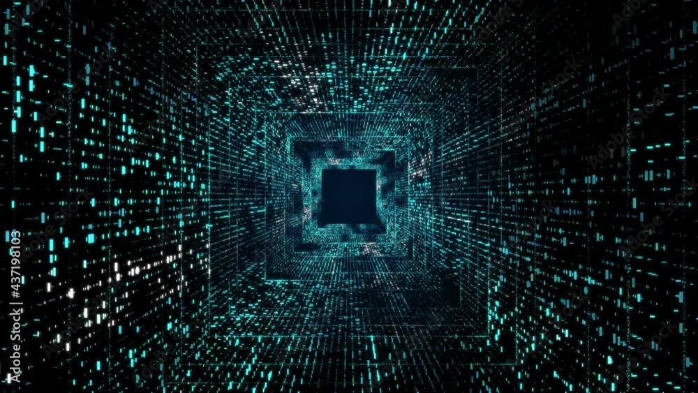 Flight inside tunnel. Abstract glowing futuristic squares.