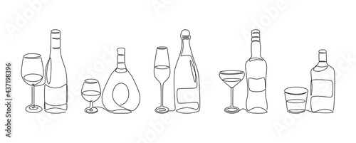 One line alcohol beverage. Glass bottles with strong scotch and glasses of wine, continuous line modern graphic. Vector drinks set