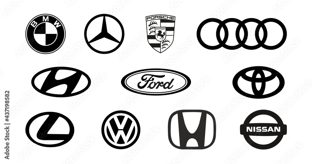 Big set of car brand logo. Top car brands. Black automobile emblems