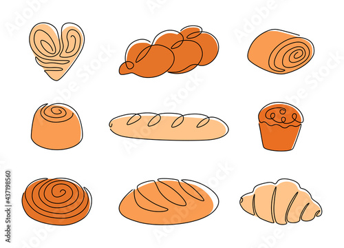 Continuous line bakery. One line bread, pretzel, croissant, baguette, bagel, muffin, loaf, cinnamon roll. Vector baked food set