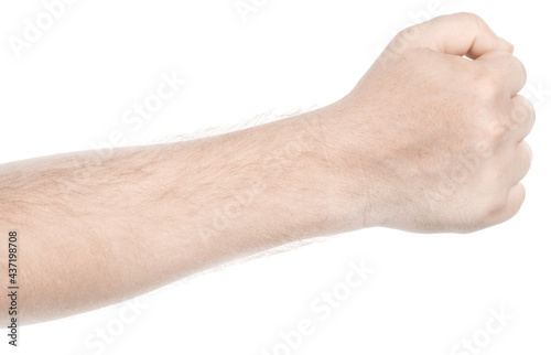 Male caucasian hands  isolated white background showing  gesture clenched fist. man hands showing different gestures