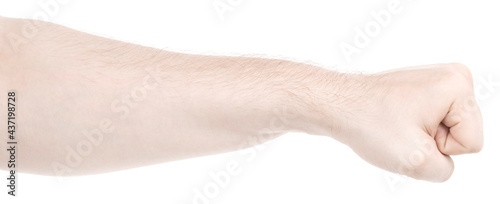 Male caucasian hands isolated white background showing gesture clenched fist. man hands showing different gestures