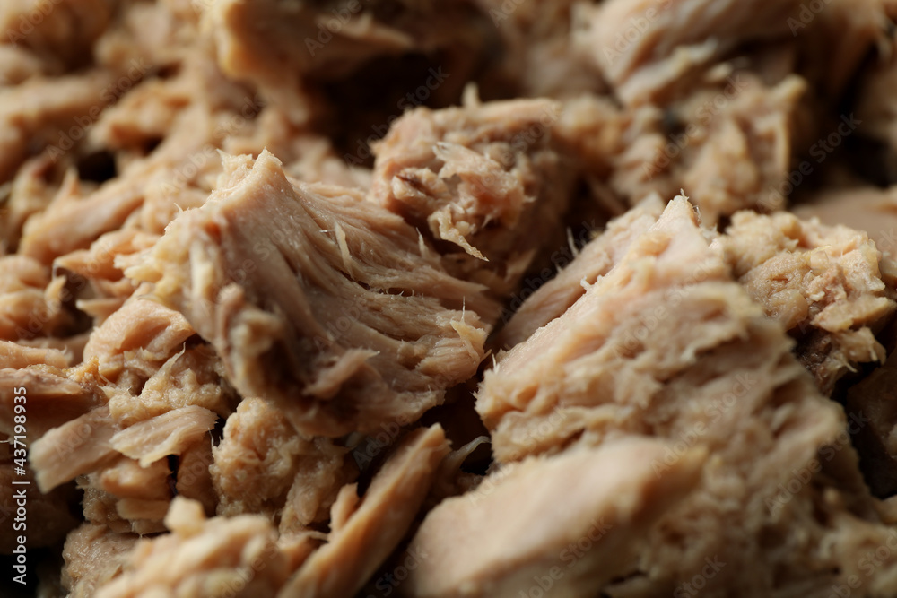Tasty canned tuna on whole background, close up