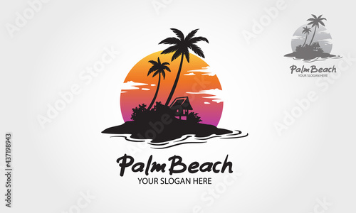 Palm Beach Logo Illustration. Water ocean waves with sun, palm tree and beach, for restaurant and hotel. 