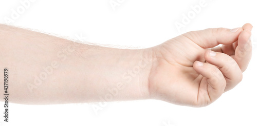 Male caucasian hands isolated white background showing gesture holds something or takes, gives. man hands showing different gestures
