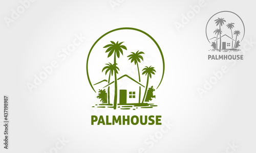 Palm House Vector Logo Template. This logo symbolizes a neighborhood, protection, peace, growth, and care or concern to development, or some things that close with nature, ecological and environment.