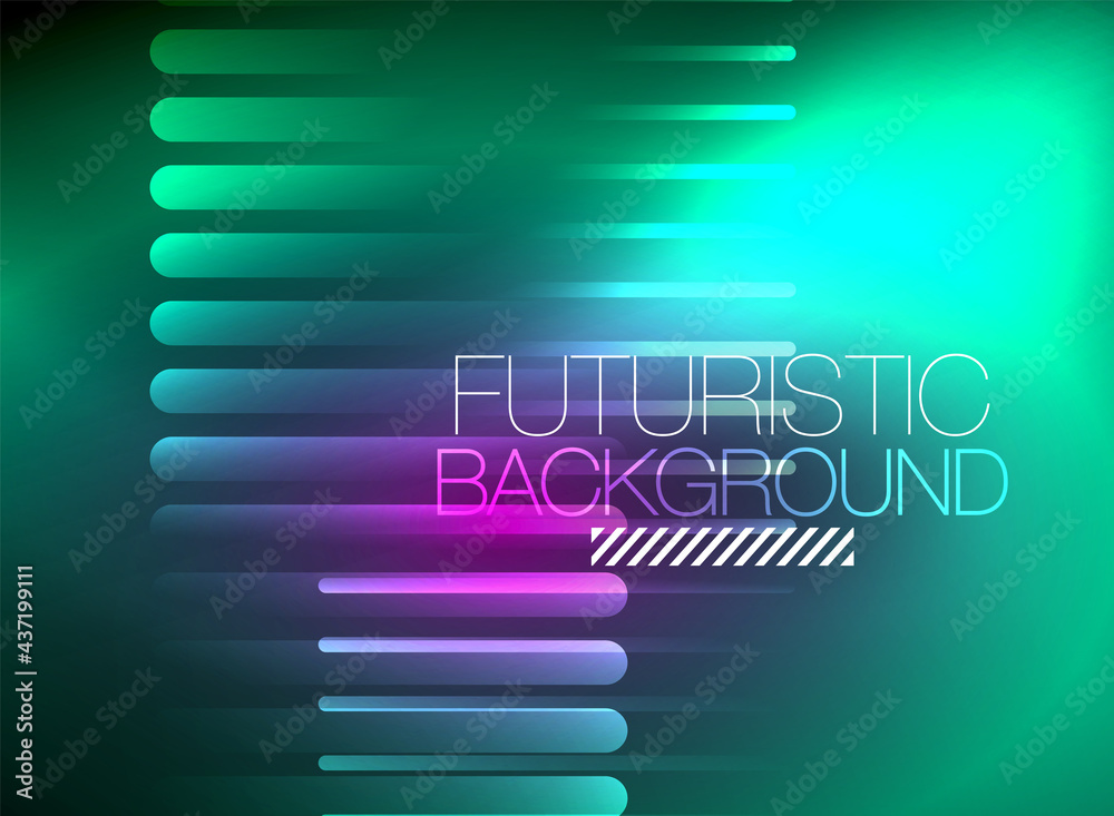 Bright neon color techno abstract background, shiny glowing neon lines in the dark background