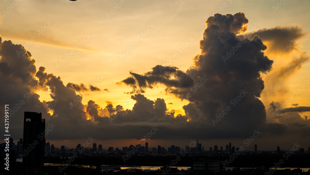 panoramic high-angle evening background of the city view,with natural beauty and blurred sunsets in the evening and the wind blowing all the time,showing the distribution of city center accommodation