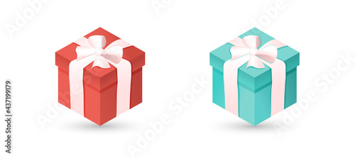 Set of red and blue gift box with bow and ribbon on white isolated background. Realistic 3D gift for New Year, Christmas, Birthday, Valentines Day, holiday, party. Vector illustration.