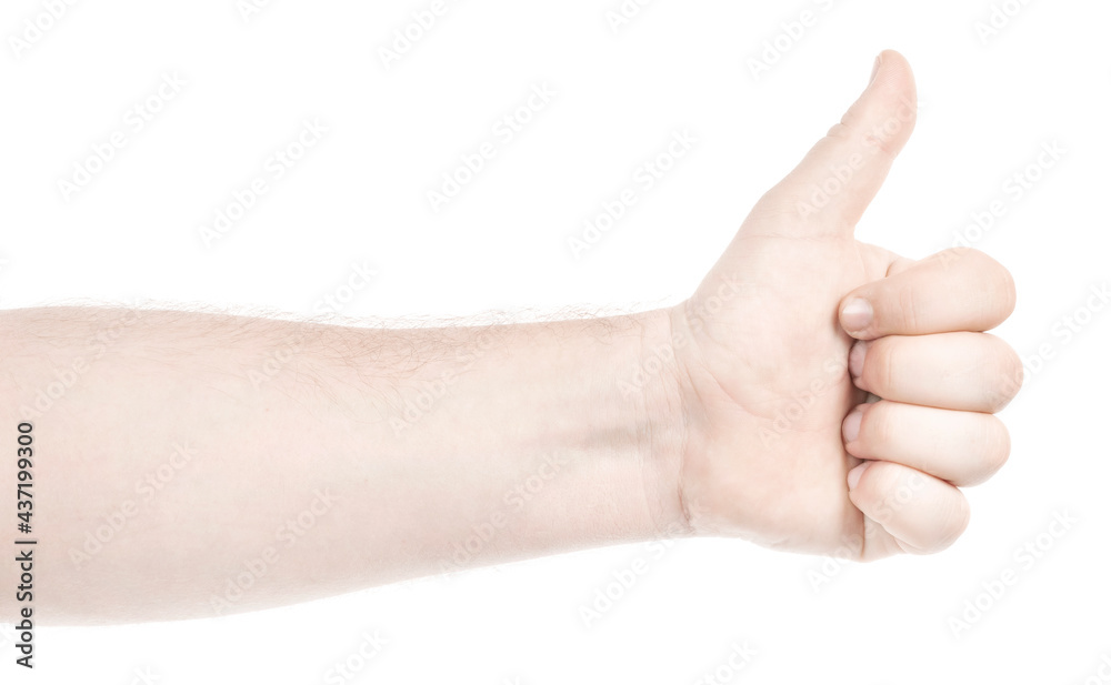 Male caucasian hands isolated white background showing gesture thumb up, approval. man hands showing different gestures Male caucasian hands isolated white background showing gesture thumb up, approval. man hands showing different gestures