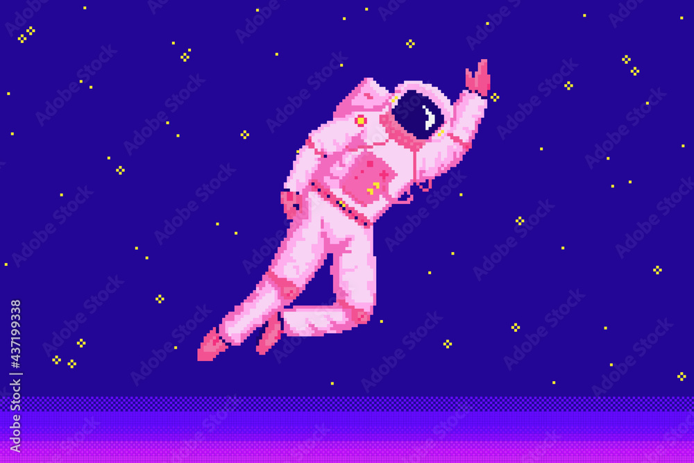Pixel art astronaut. Spaceman 8 bit objects. Space art, digital icons. cosmonaut on the moon. Retro assets. Vintage game style. Set of characters. Vector illustration.