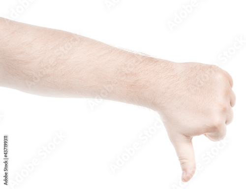 Male caucasian hands  isolated white background showing  gesture thumb up, approval.  man hands showing different gestures © Илья Подопригоров