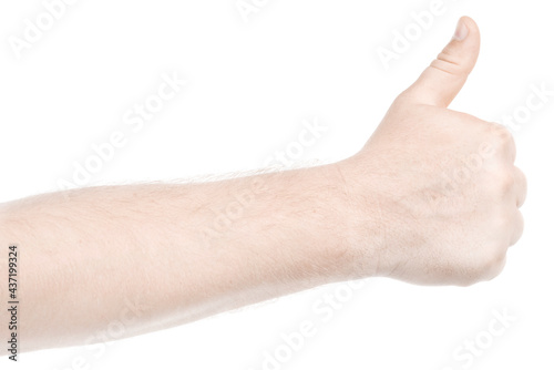 Male caucasian hands isolated white background showing gesture thumb up, approval. man hands showing different gestures