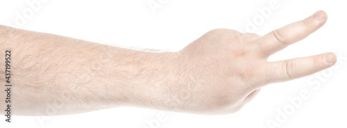 Male caucasian hands isolated white background showing various finger gestures. man hands showing different gestures