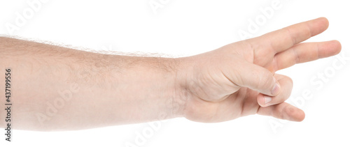 Male caucasian hands isolated white background showing various finger gestures. man hands showing different gestures