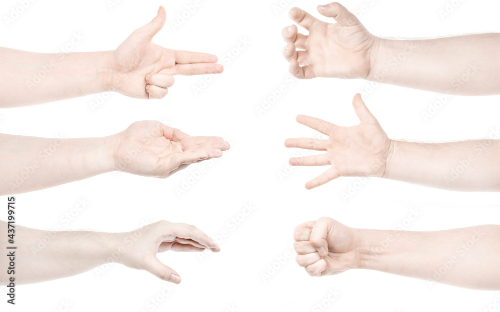 Multiple images set male caucasian hands isolated white background showing different gestures. Collage of hands of a man