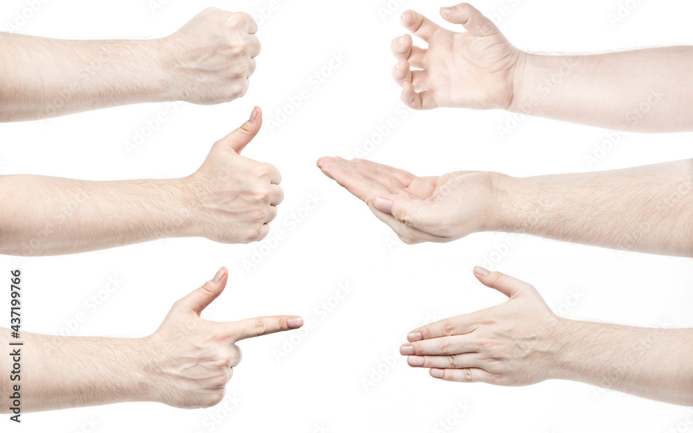 Multiple images set male caucasian hands isolated white background showing different gestures. Collage of hands of a man