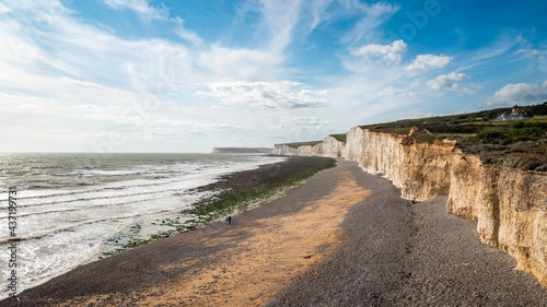 Seven Sisters  South Downs  East Sussex  England. A view of the white chalk cliffs of the South Downs nature reserve on the south coast of England.