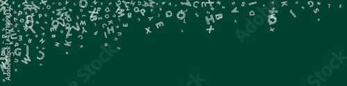 Falling letters of English language. Chalk handdrawn flying words of Latin alphabet. Foreign languages study concept. Shapely back to school banner on blackboard background.