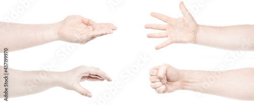 Multiple images set male caucasian hands isolated white background showing different gestures. Collage of hands of a man