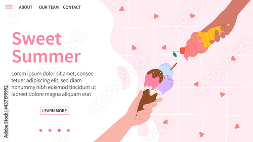 Cute summer landing page with ice cream in hands on pink background. Vector illustration.