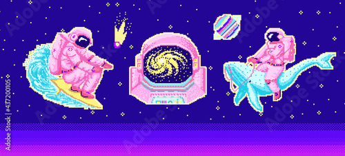 Pixel art astronaut. Spaceman 8 bit objects. Space art, digital icons. cosmonaut on a whale, moon and wave. Retro assets. Vintage game style. Set of characters. Vector illustration.